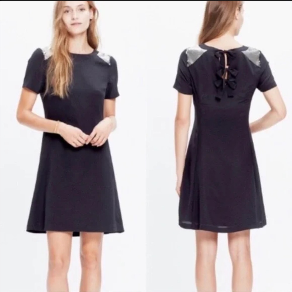 Madewell Dress - 100% silk black short sleeve w/sequin shoulders